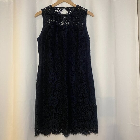 Banana Republic Navy Blue Lace Overlay Sheath Cocktail Dress Womens Raw 12 EUC - Picture 1 of 8